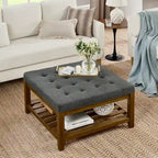 Tavolino Imbottito, Pouf Grande Quadrato in Lino Tufted con Scaffale e Struttura in Legno di Faggio, Pouf Contenitore Maxi