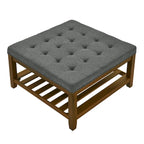 Tavolino Imbottito, Pouf Grande Quadrato in Lino Tufted con Scaffale e Struttura in Legno di Faggio, Pouf Contenitore Maxi