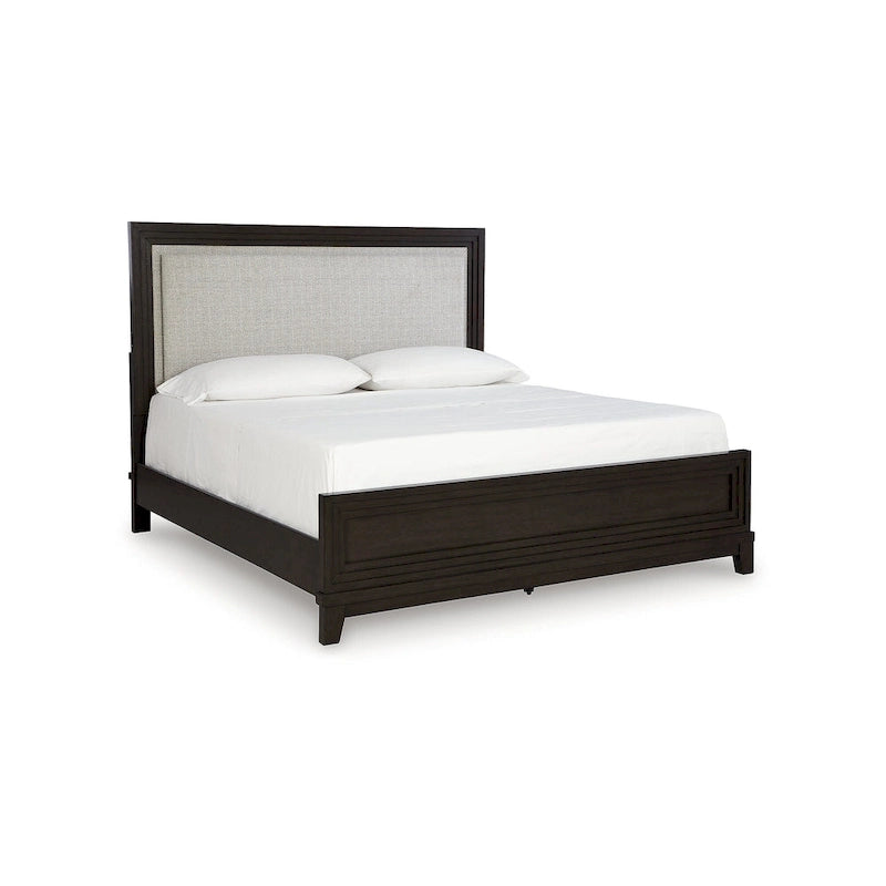 Letto imbottito con pannello testa marrone scuro e grigio – Profilo borchiato, Struttura in legno massello, Misura Queen/King