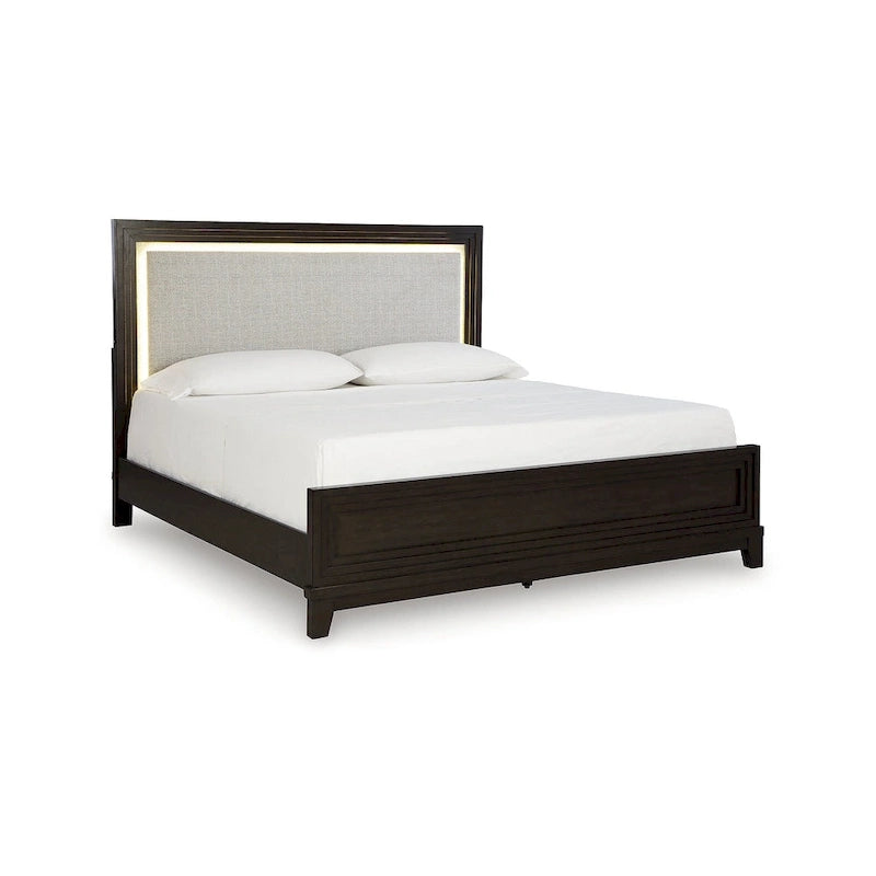 Letto imbottito con pannello testa marrone scuro e grigio – Profilo borchiato, Struttura in legno massello, Misura Queen/King