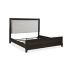 Letto imbottito con pannello testa marrone scuro e grigio – Profilo borchiato, Struttura in legno massello, Misura Queen/King
