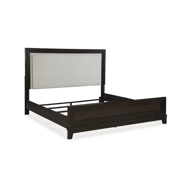Letto imbottito con pannello testa marrone scuro e grigio – Profilo borchiato, Struttura in legno massello, Misura Queen/King