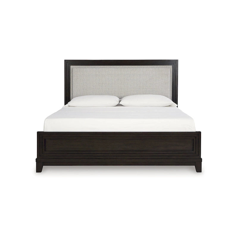 Letto imbottito con pannello testa marrone scuro e grigio – Profilo borchiato, Struttura in legno massello, Misura Queen/King