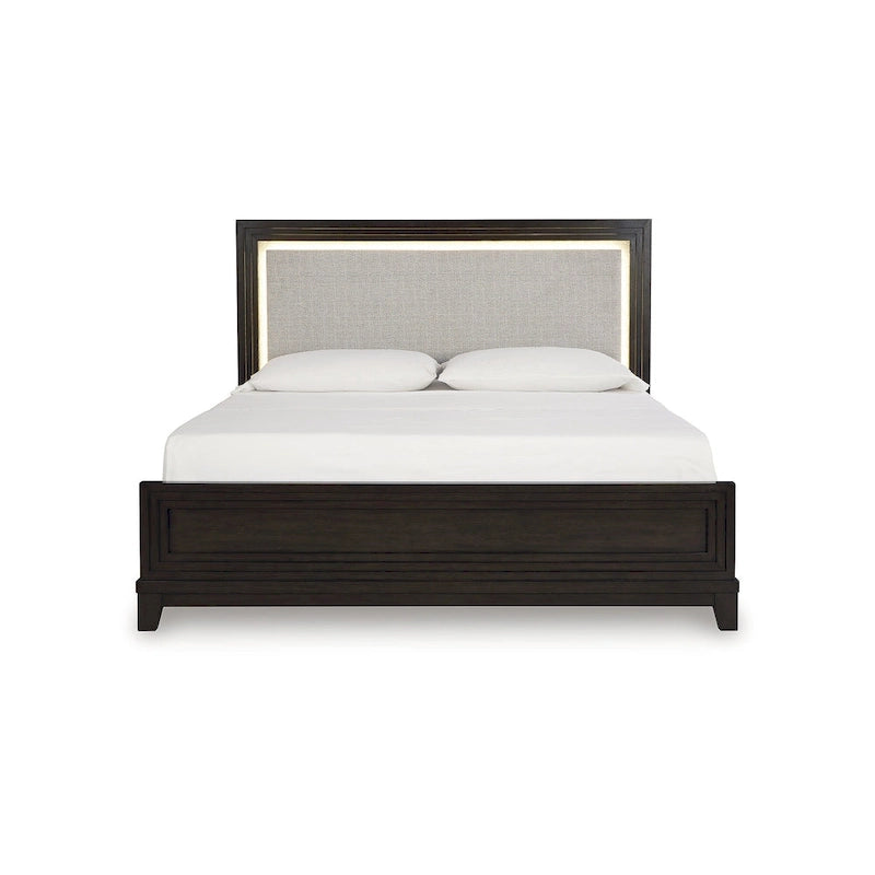 Letto imbottito con pannello testa marrone scuro e grigio – Profilo borchiato, Struttura in legno massello, Misura Queen/King