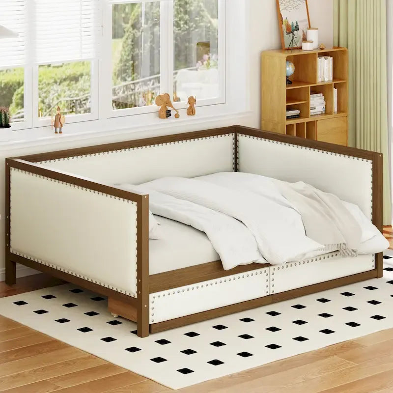 Divano letto imbottito matrimoniale con letto estraibile e decorazione con borchie, colore legno