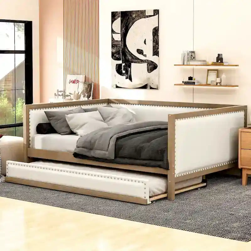 Divano letto imbottito matrimoniale con letto estraibile e decorazione con borchie, colore legno