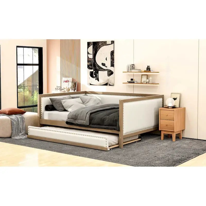 Divano letto imbottito matrimoniale con letto estraibile e decorazione con borchie, colore legno