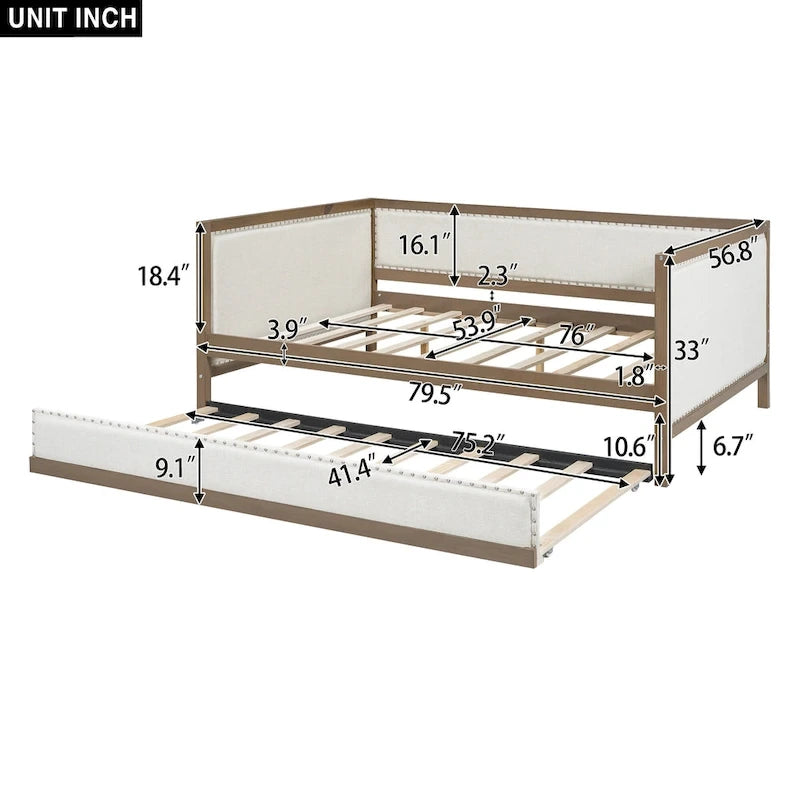 Divano letto imbottito matrimoniale con letto estraibile e decorazione con borchie, colore legno
