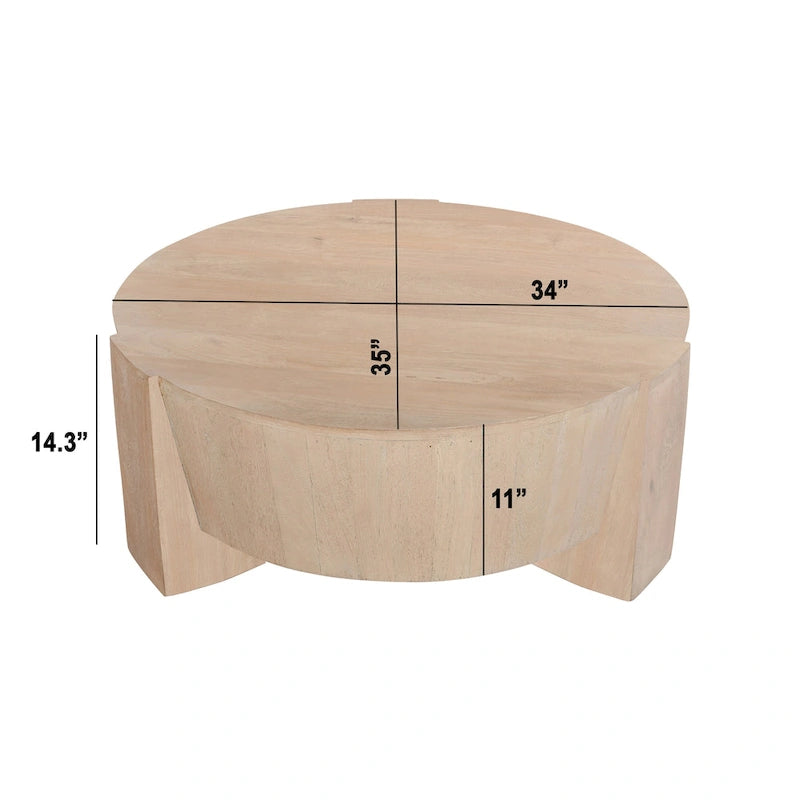 Tavolino da caffè rotondo a tamburo da 35" – Legno di mango a 3 gambe, finitura marrone naturale sabbiato