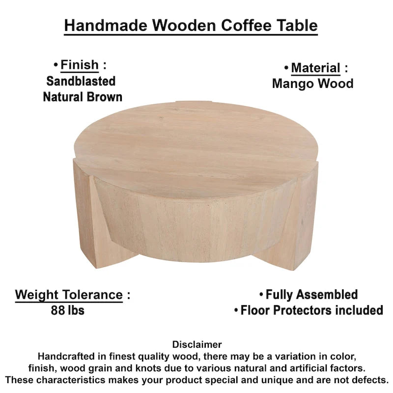 Tavolino da caffè rotondo a tamburo da 35" – Legno di mango a 3 gambe, finitura marrone naturale sabbiato