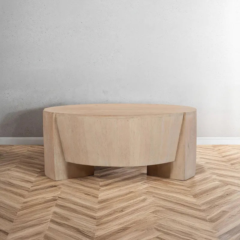 Tavolino da caffè rotondo a tamburo da 35" – Legno di mango a 3 gambe, finitura marrone naturale sabbiato