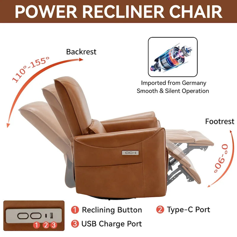 Poltrona reclinabile elettrica ergonomica marrone con funzione girevole, a dondolo e porte USB – Sedia da soggiorno