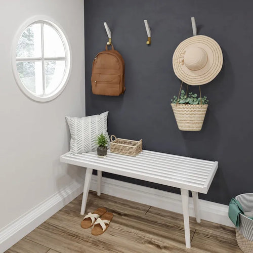 Panca da ingresso in legno massello stile Mid-Century da 41,3" – 16,5" L x 17,5" A, finitura naturale, seduta da corridoio