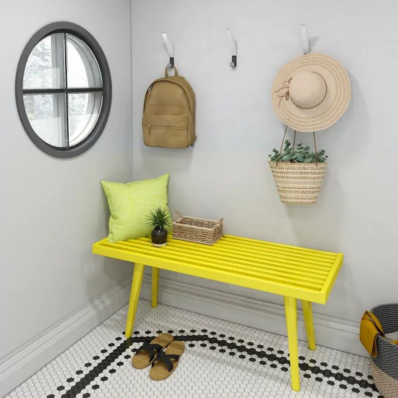 Panca da ingresso in legno massello stile Mid-Century da 41,3" – 16,5" L x 17,5" A, finitura naturale, seduta da corridoio