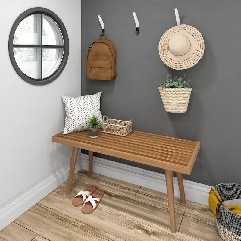 Panca da ingresso in legno massello stile Mid-Century da 41,3" – 16,5" L x 17,5" A, finitura naturale, seduta da corridoio