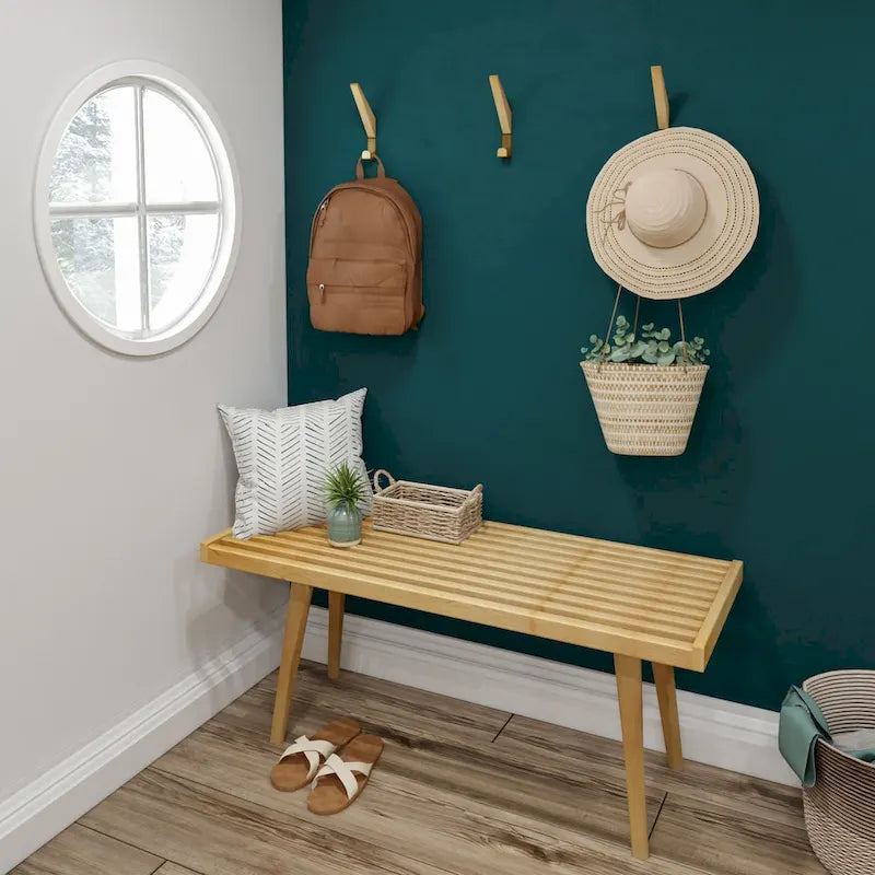 Panca da ingresso in legno massello stile Mid-Century da 41,3" – 16,5" L x 17,5" A, finitura naturale, seduta da corridoio