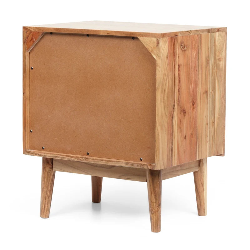 Comodino artigianale boho in legno di acacia – Finitura naturale, comodino con cassetto