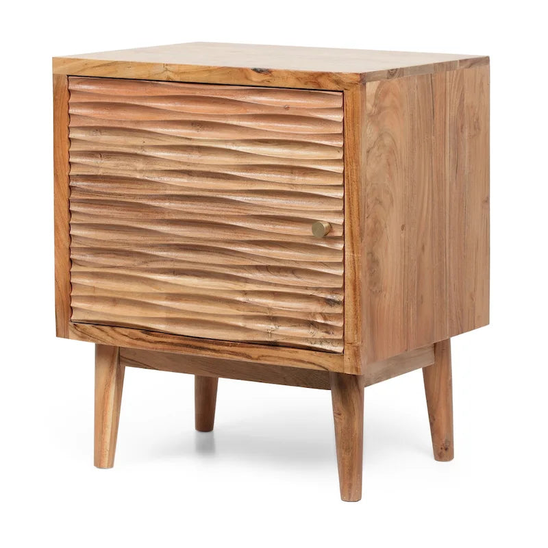 Comodino artigianale boho in legno di acacia – Finitura naturale, comodino con cassetto