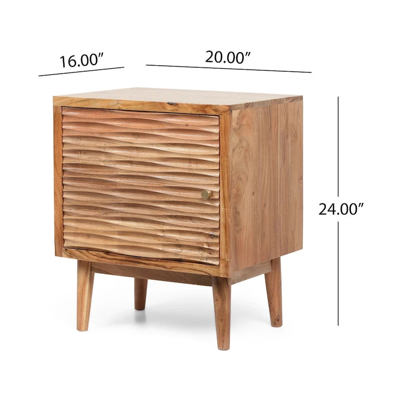 Comodino artigianale boho in legno di acacia – Finitura naturale, comodino con cassetto