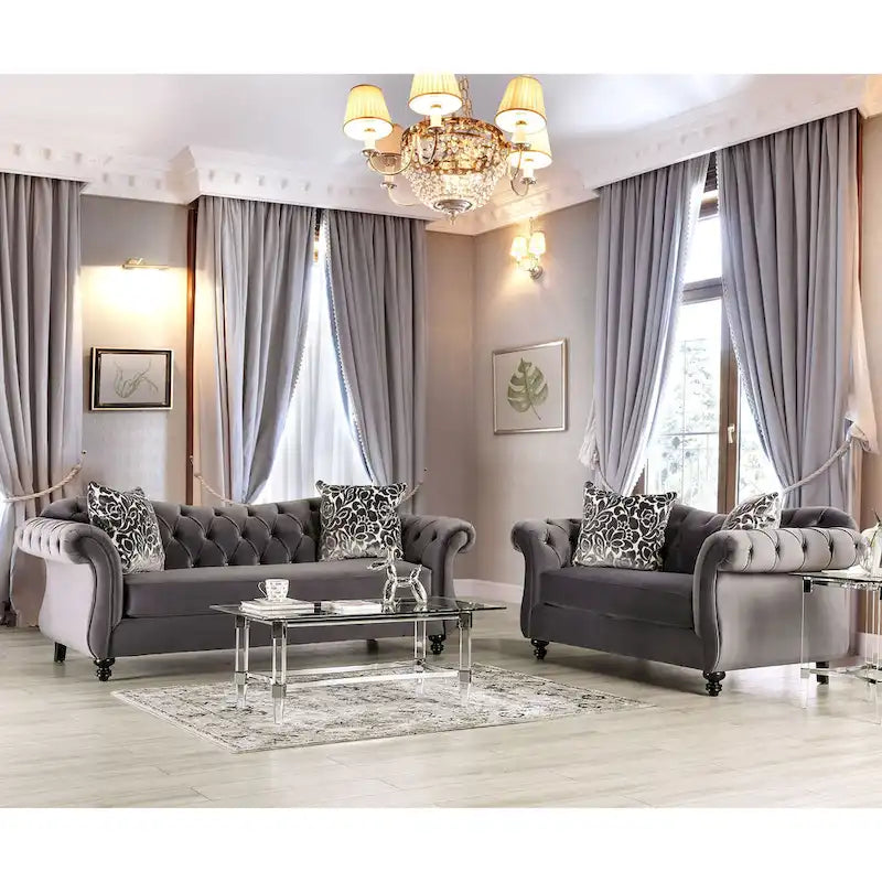 Divano "Glam" in velluto grigio capitonné – Divano da salotto imbottito, stile moderno