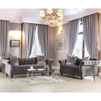 Divano "Glam" in velluto grigio capitonné – Divano da salotto imbottito, stile moderno