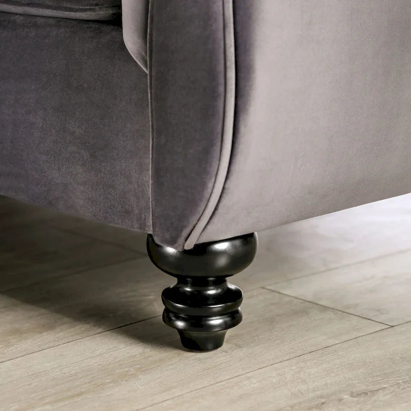 Divano "Glam" in velluto grigio capitonné – Divano da salotto imbottito, stile moderno