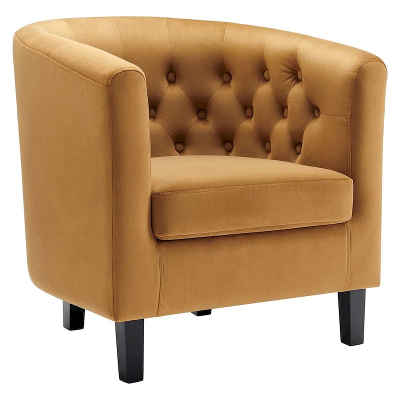 Poltrona a pozzetto classica in velluto color Cognac con bottoni capitonné – Poltrona d'accento imbottita