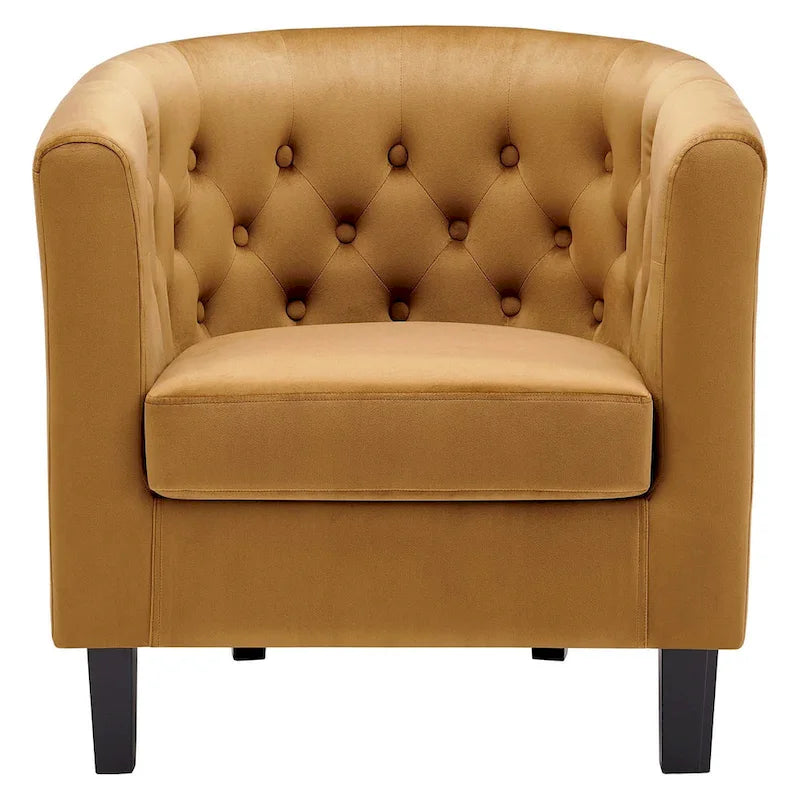 Poltrona a pozzetto classica in velluto color Cognac con bottoni capitonné – Poltrona d'accento imbottita