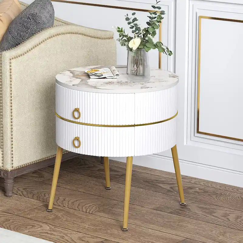 Tavolino rotondo a botte con contenitore – Comodino per soggiorno e camera da letto, stile moderno