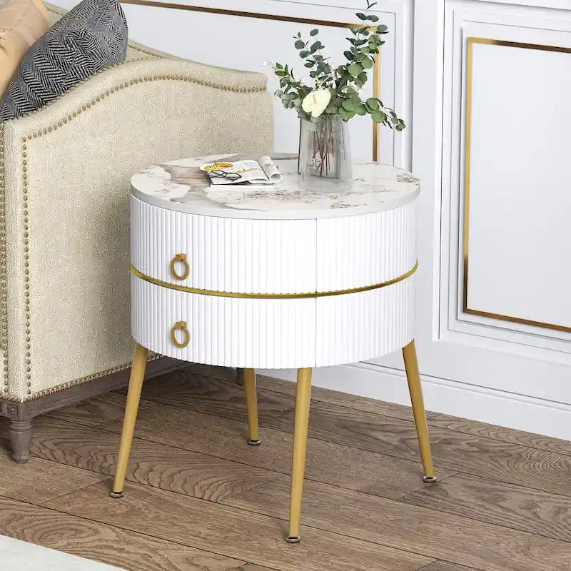 Tavolino rotondo a botte con contenitore – Comodino per soggiorno e camera da letto, stile moderno