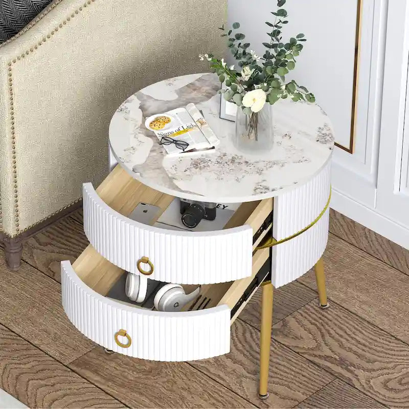 Tavolino rotondo a botte con contenitore – Comodino per soggiorno e camera da letto, stile moderno