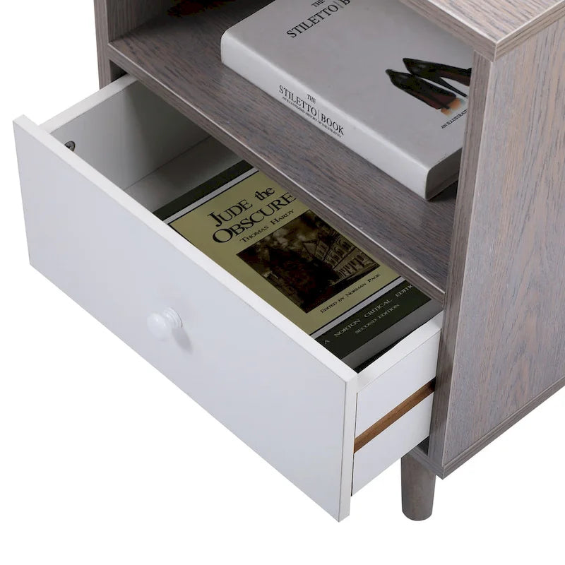 Comodino in legno con cassetto e vano a giorno, set da 2, grigio