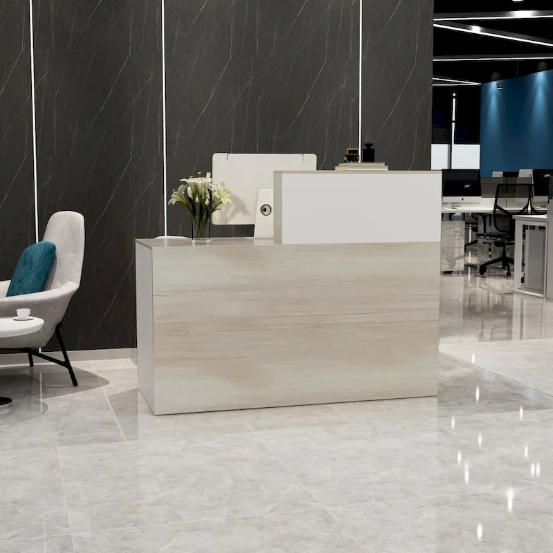 Bancone reception con contenitore con serratura – Texture legno, banco reception per ufficio