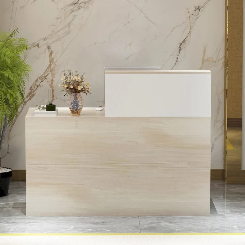 Bancone reception con contenitore con serratura – Texture legno, banco reception per ufficio