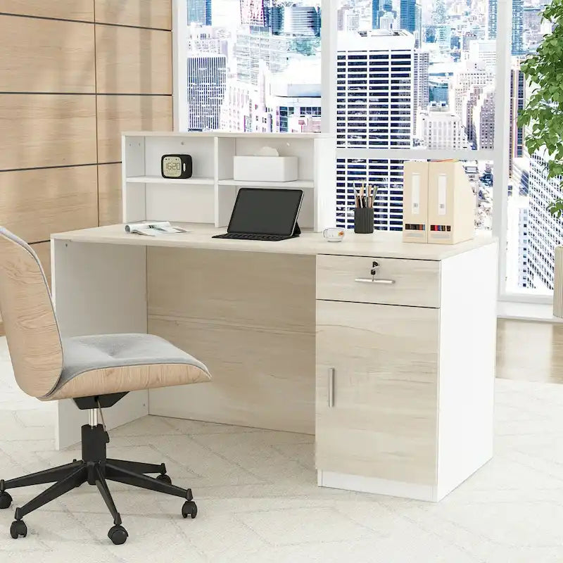 Bancone reception con contenitore con serratura – Texture legno, banco reception per ufficio