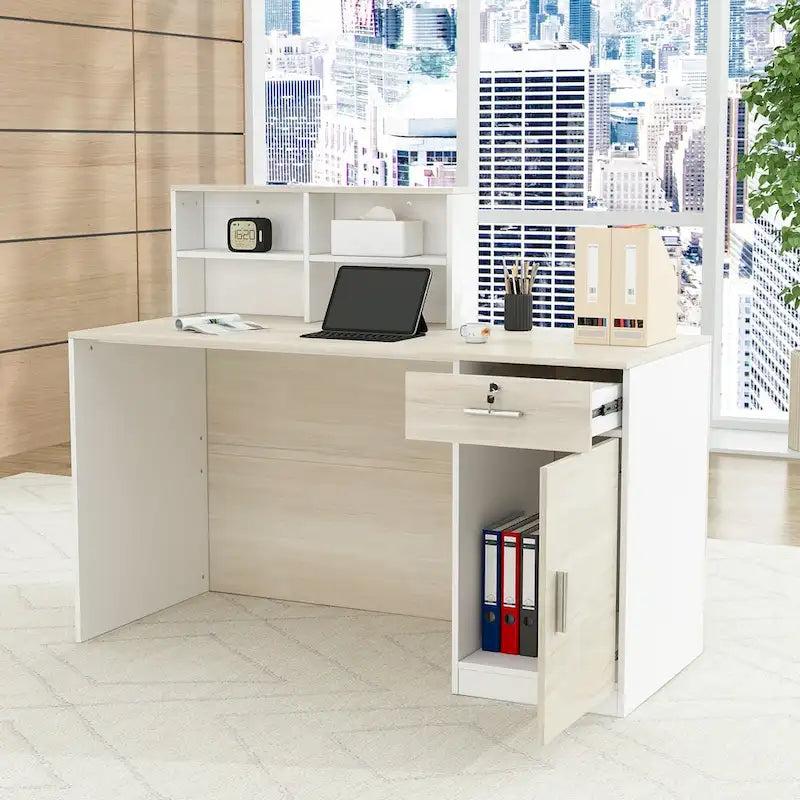 Bancone reception con contenitore con serratura – Texture legno, banco reception per ufficio