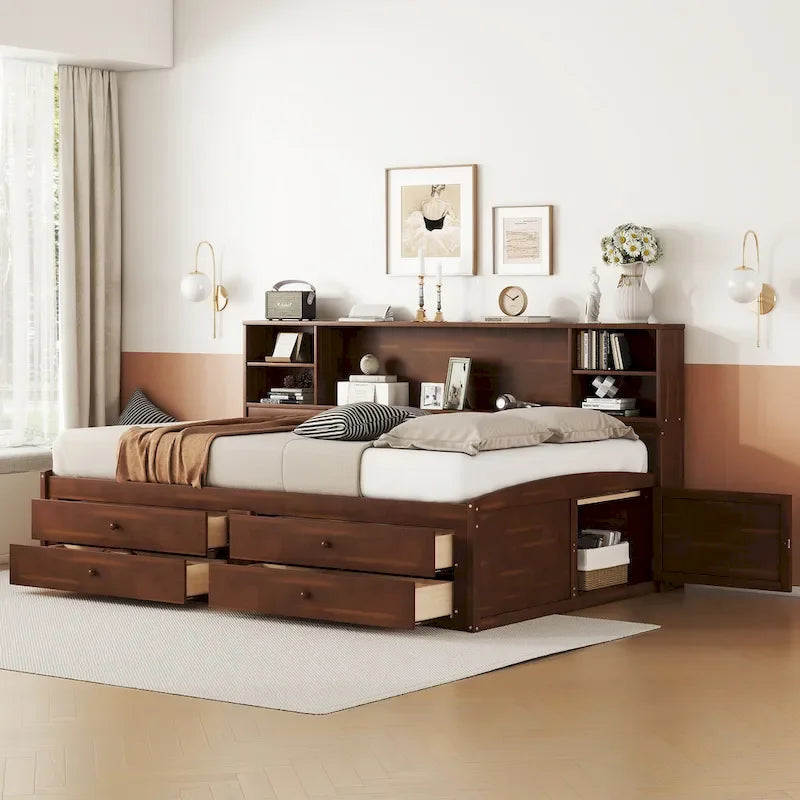 Letto matrimoniale in legno con scaffali portaoggetti integrati, 4 cassetti e 2 armadietti, marrone antico