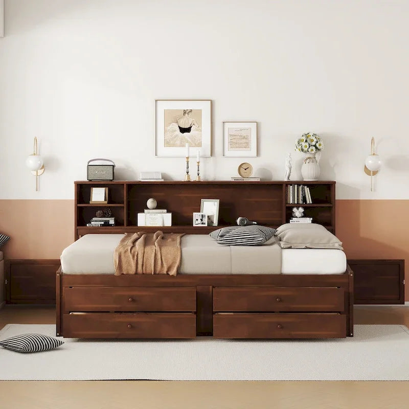Letto matrimoniale in legno con scaffali portaoggetti integrati, 4 cassetti e 2 armadietti, marrone antico