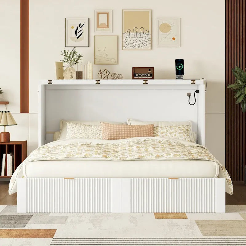 Letto a scomparsa matrimoniale a muro con cassetto e un set di prese