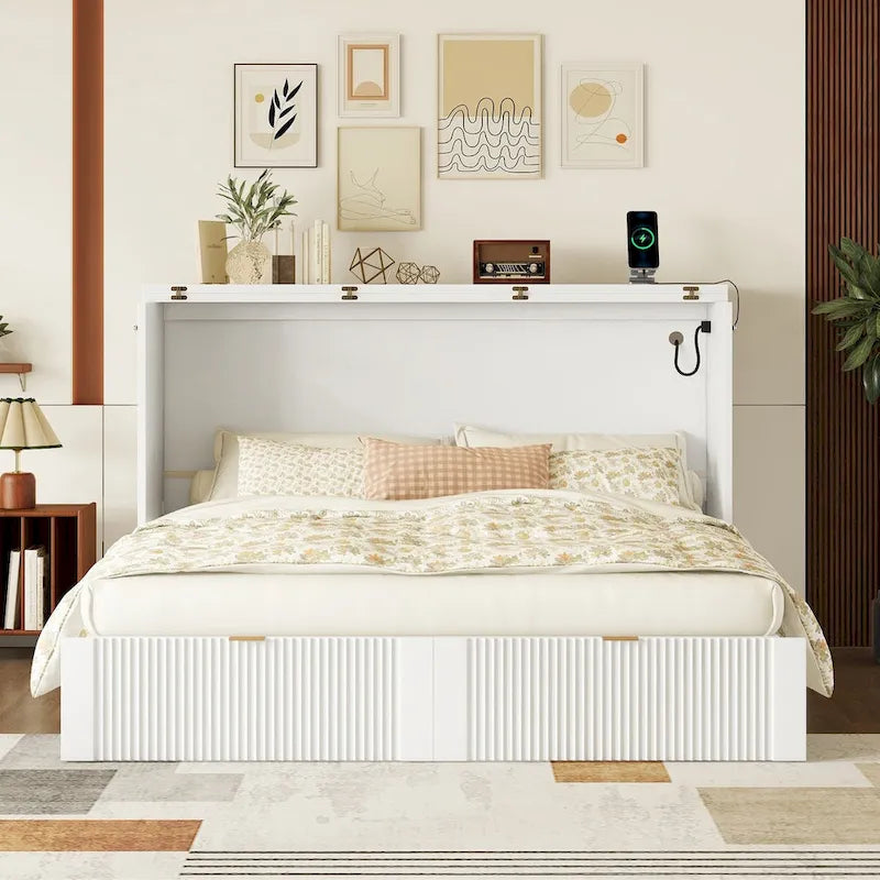 Letto a scomparsa matrimoniale a muro con cassetto e un set di prese