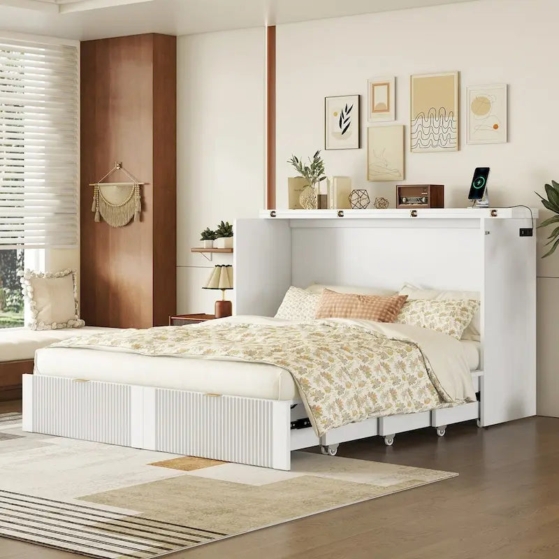 Letto a scomparsa matrimoniale a muro con cassetto e un set di prese
