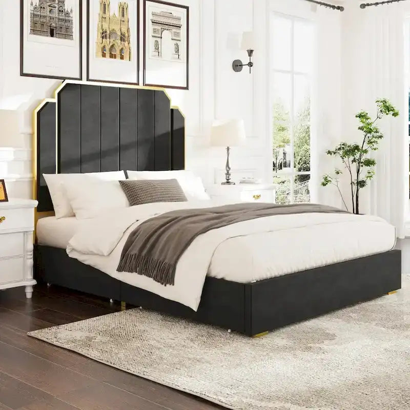 Telaio del letto imbottito Queen Size con testiera da 150 cm e bordo dorato
