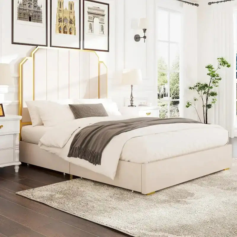 Telaio del letto imbottito Queen Size con testiera da 150 cm e bordo dorato