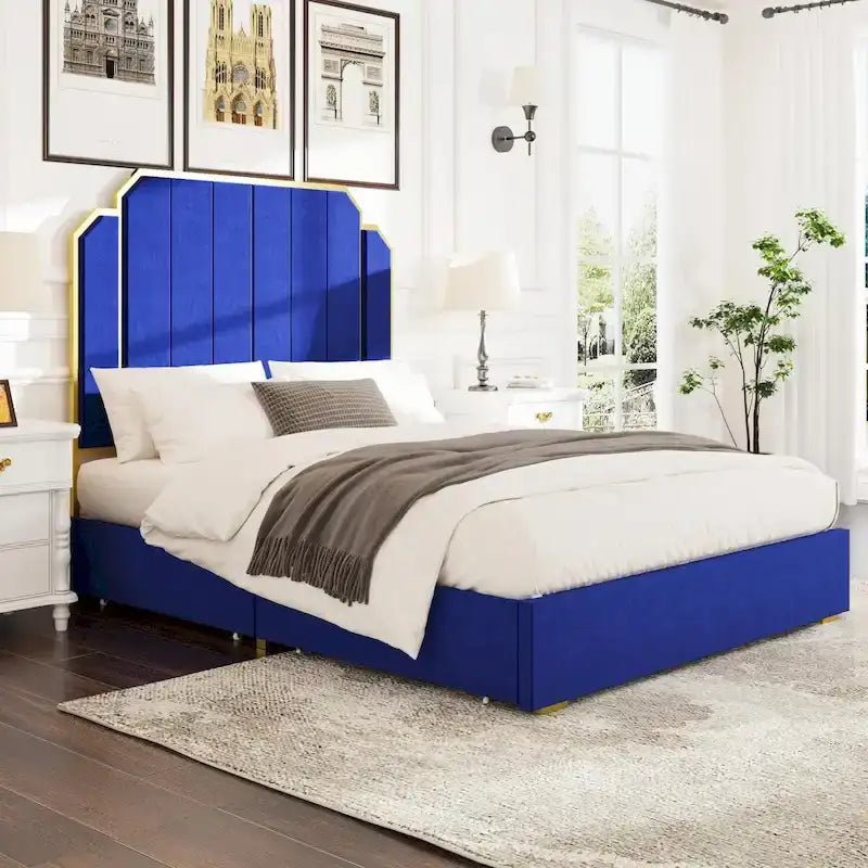 Telaio del letto imbottito Queen Size con testiera da 150 cm e bordo dorato
