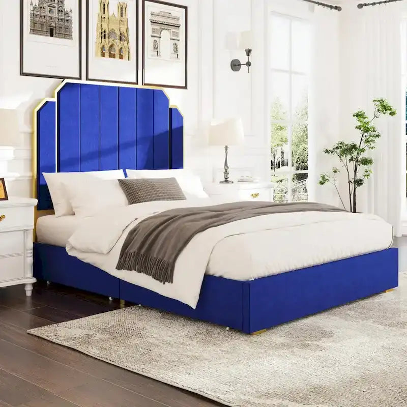 Telaio del letto imbottito Queen Size con testiera da 150 cm e bordo dorato