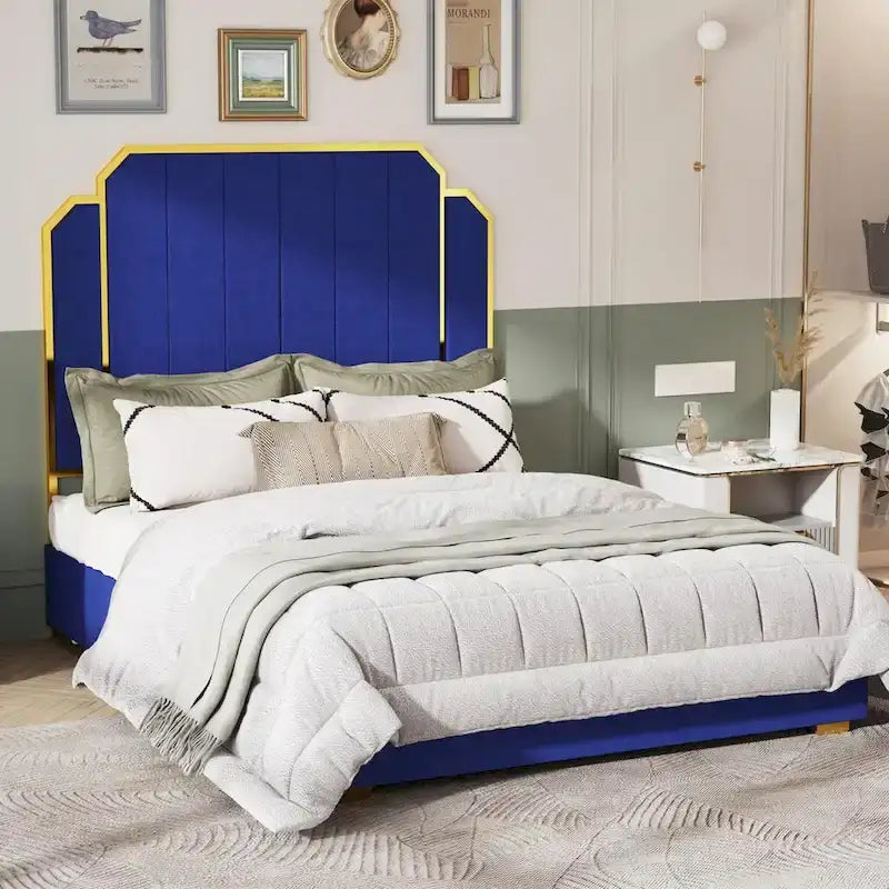 Telaio del letto imbottito Queen Size con testiera da 150 cm e bordo dorato