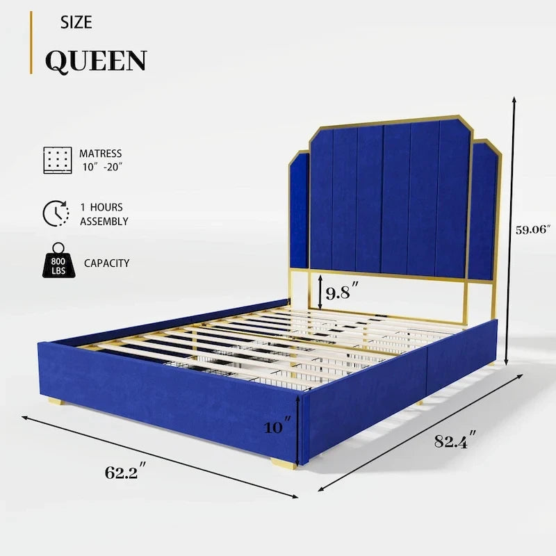 Telaio del letto imbottito Queen Size con testiera da 150 cm e bordo dorato