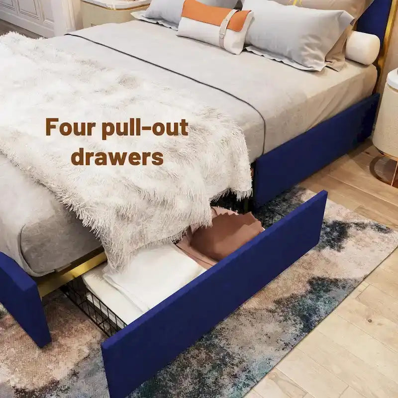 Telaio del letto imbottito Queen Size con testiera da 150 cm e bordo dorato