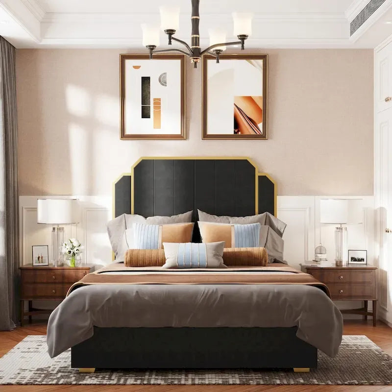 Telaio del letto imbottito Queen Size con testiera da 150 cm e bordo dorato