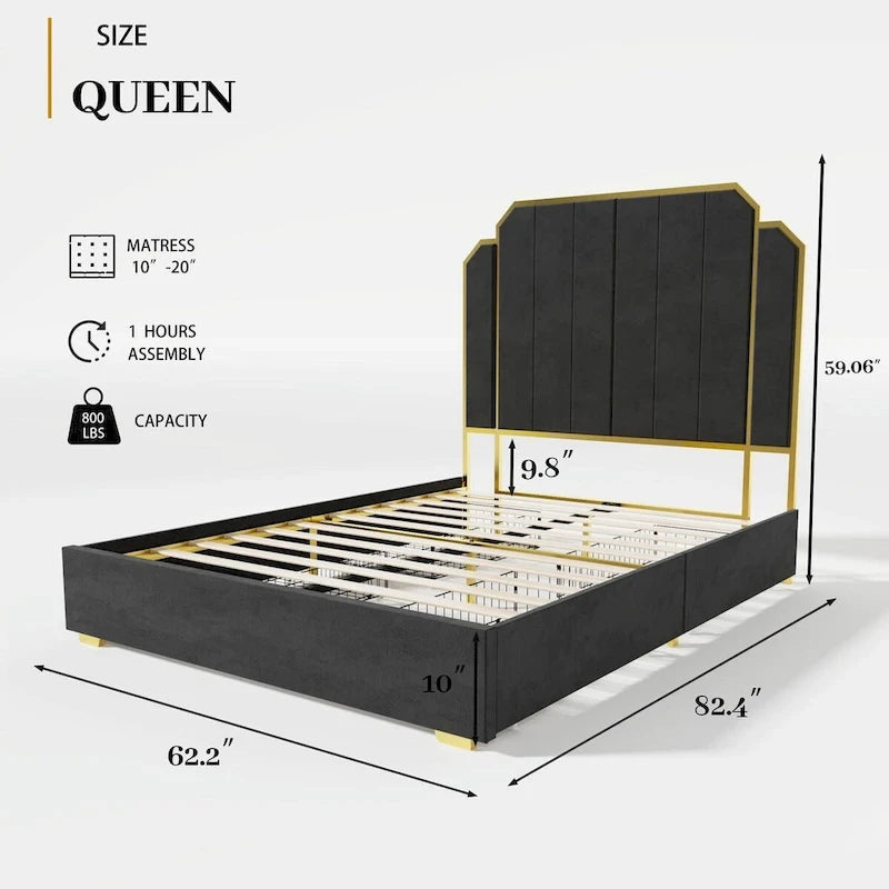 Telaio del letto imbottito Queen Size con testiera da 150 cm e bordo dorato